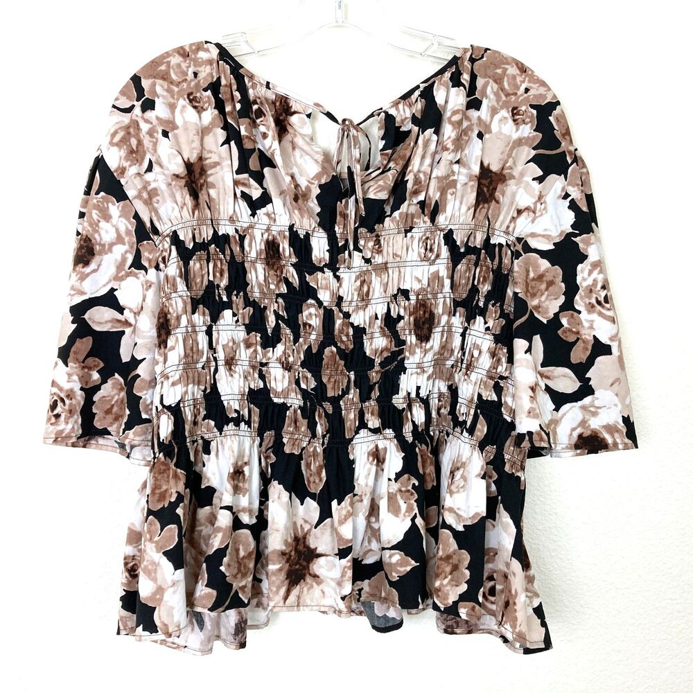 Rails Rosie Short Sleeve Top Size XL Sepia Roses Brown Smocked Peplum - Picture 7 of 11